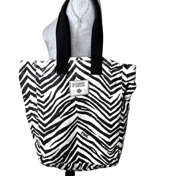 PINK By Victoria's Secret Tote Bag Zebra Striped Black White Animal Print Canvas - Picture 1 of 9